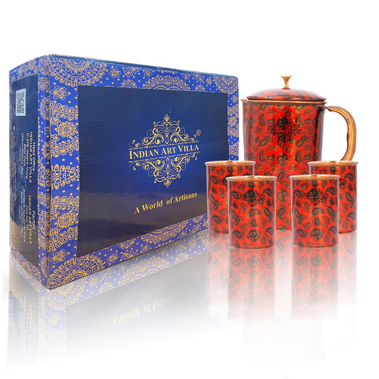 Pure Copper Jug with 2 Glass Gift Box Set, Designer Printed Pitcher, Red