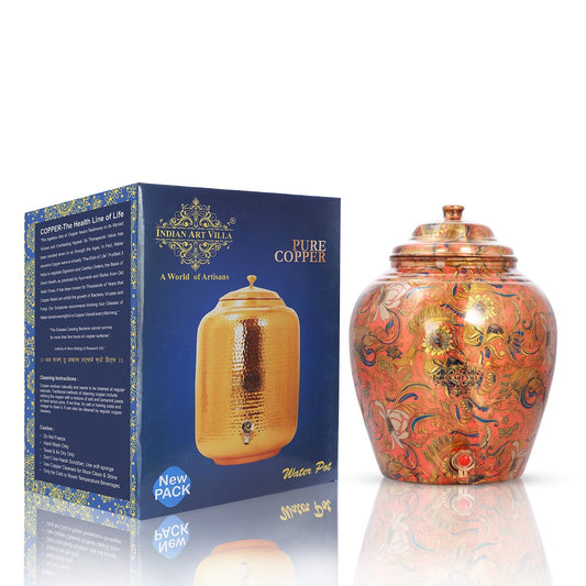 Printed Flower Design Copper Water Dispenser Pot Matka Storage Home Kitchen Garden