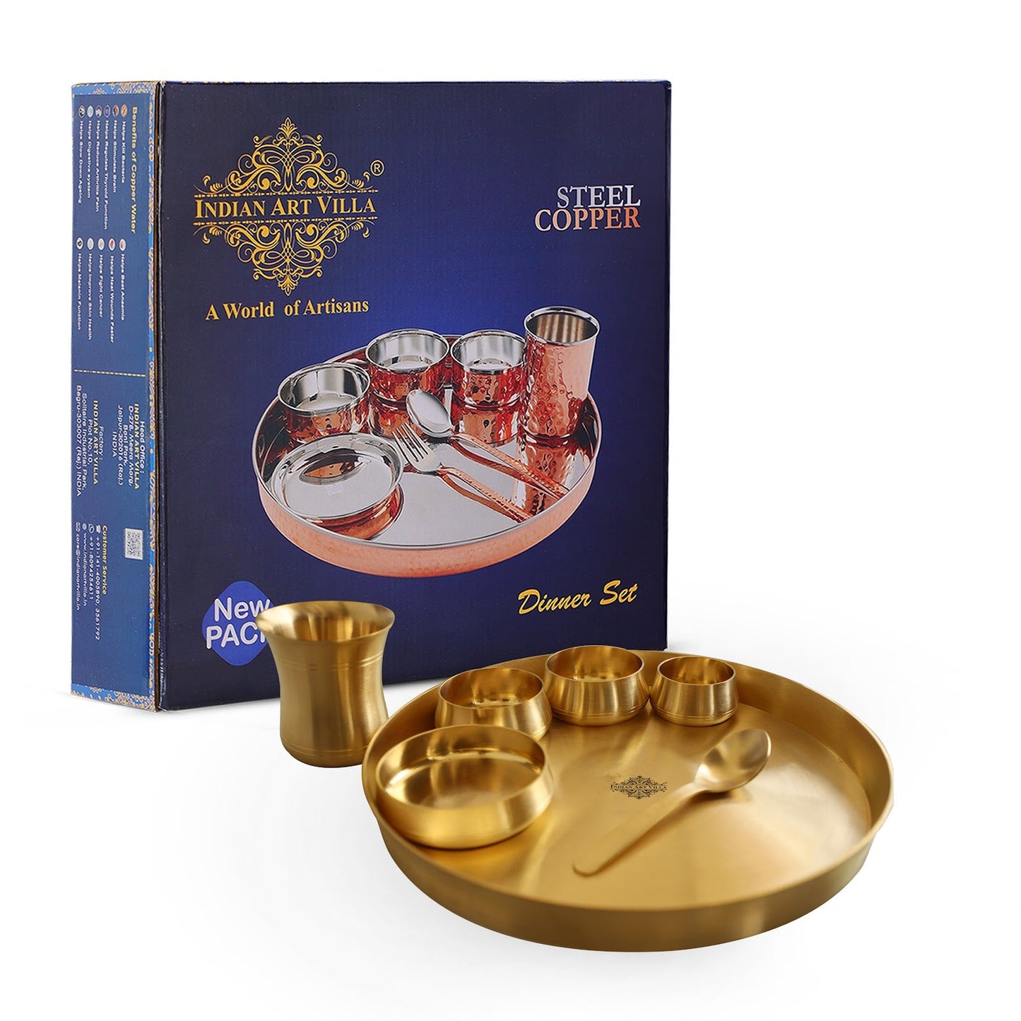 Brass 7 Pieces Dinner Set in Matt Finish, Set of 1 Thali, 1 Glass, 1 Spoon, 1 Halva Bowl, 2 Medium Bowl and 1 chutney bowl