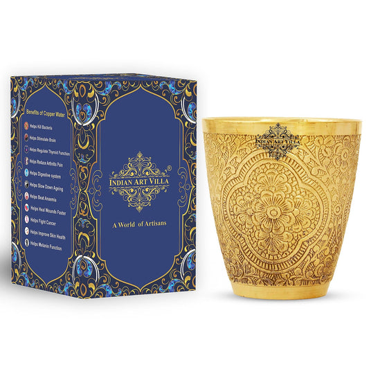 Handcrafted Pure Brass Embossed Designer Tumbler, Glass 280 ml