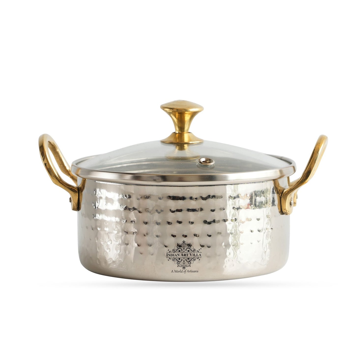 Stainless Steel Serving Bowl with Brass Handles and Glass Lid, Hammered Designs – Elegant Tableware for Home & Restaurant Use