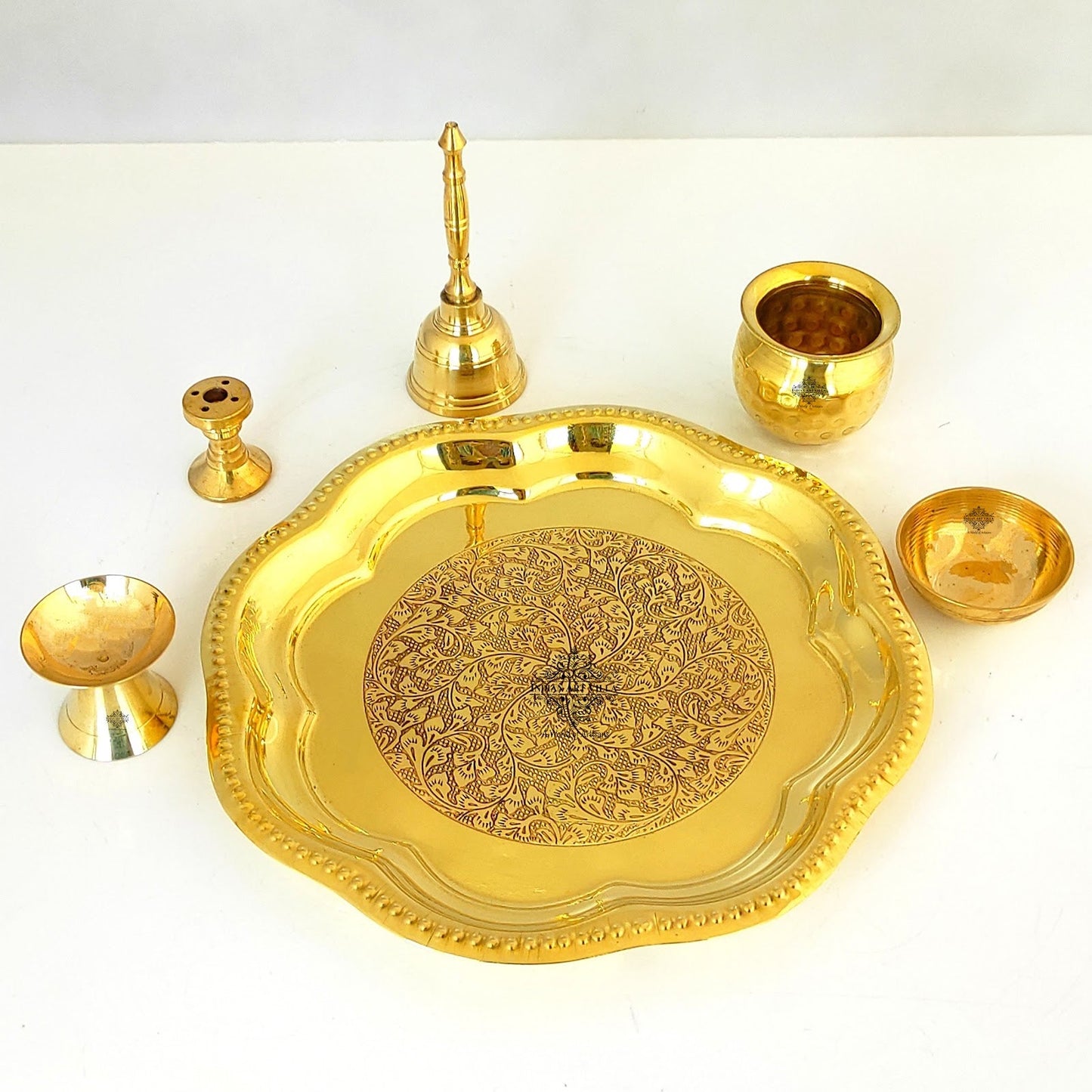 Brass Floral Embossed Design 6 Pieces Pooja Thali Set, Religious Spiritual Item, Home Temple, Width-20.83 cm