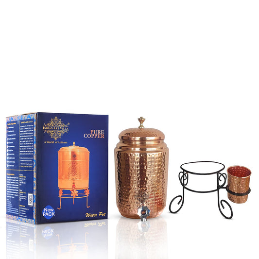 Copper Hammered Design Water Pot With Glass & Stand | 5 Litres