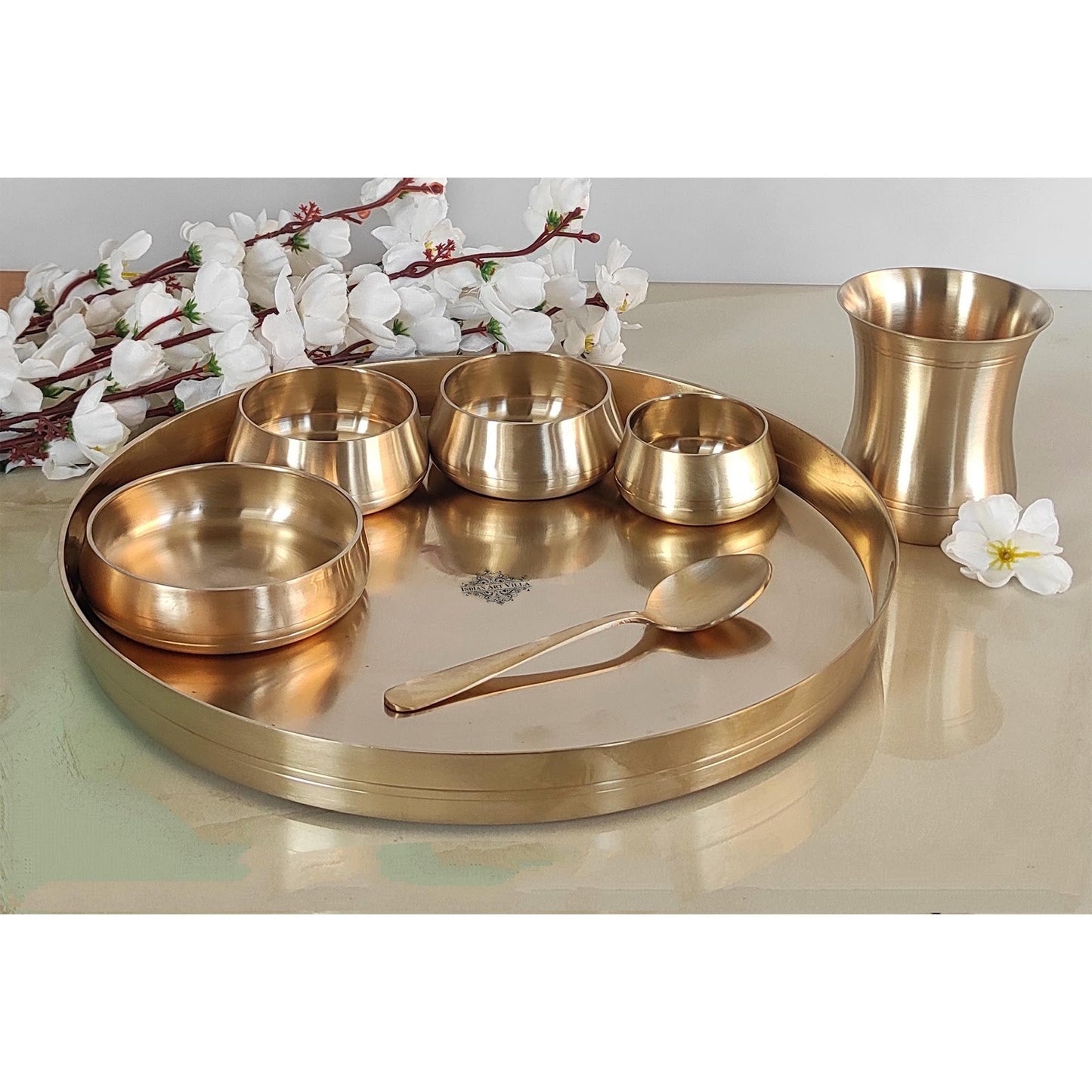 Handcrafted Pure Bronze Curve Shaped 7 Pieces Dinner Set | Thali Set with Mirror Shine Finish