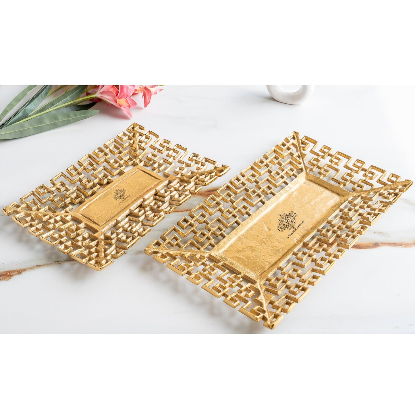 Gold Finish Antique Lacquer Matte Square Decorative Item Design Tray, Elegant For Home Decor