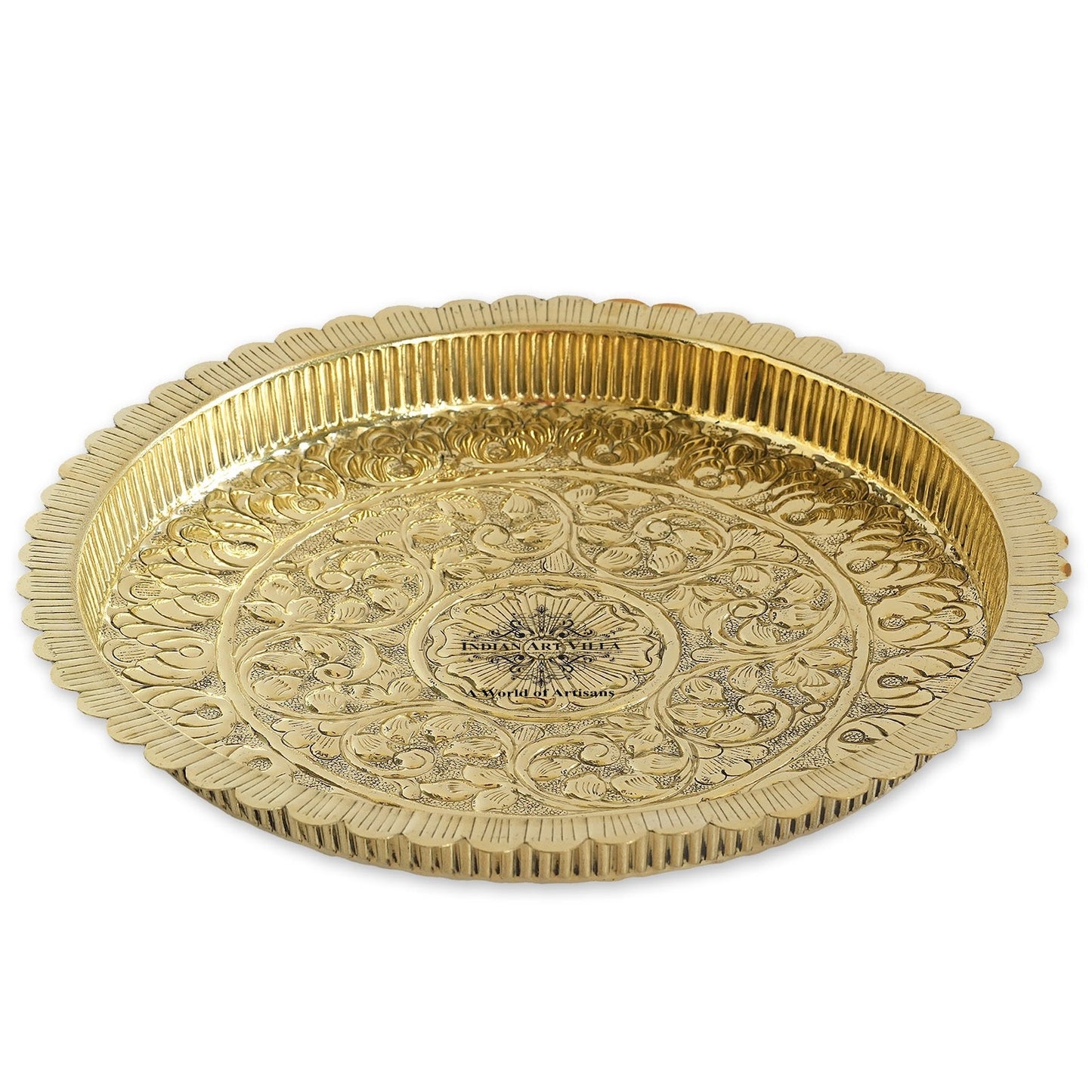 Handmade Pure Brass Flower Design Pooja Thali - 30.48 cm Dia. Spiritual Item