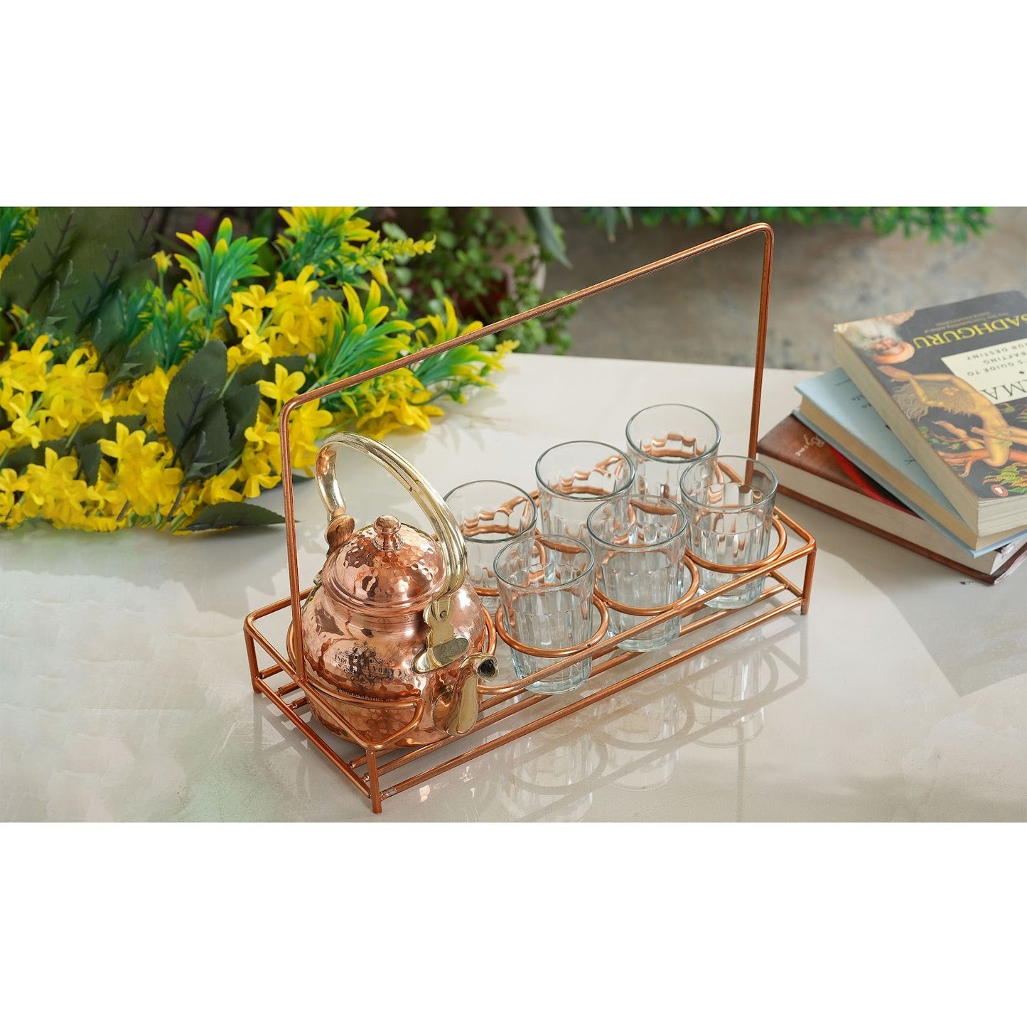 Copper Hammered Tea Pot with Brass Handle with 4 or 6 Glass Tea Cup