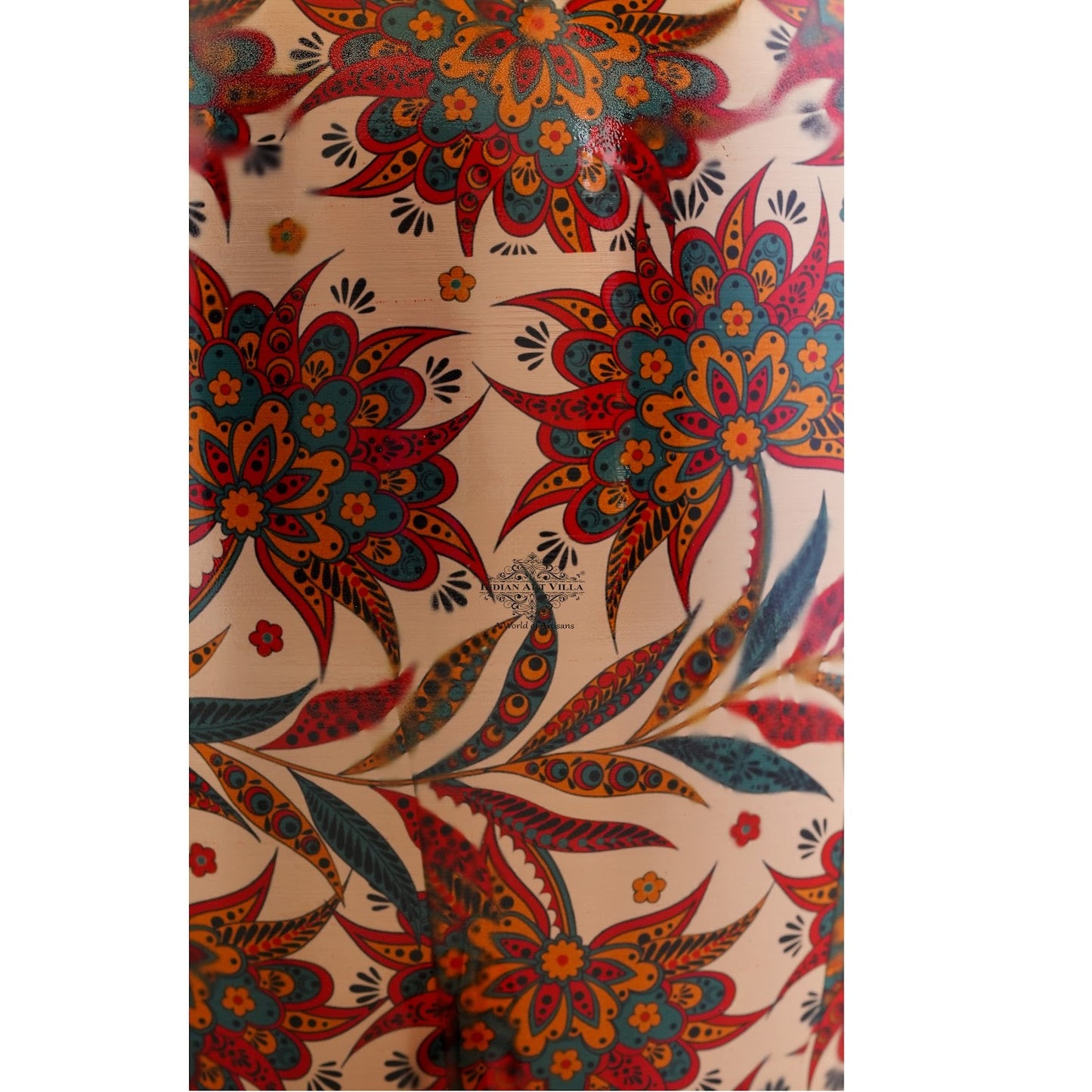 Copper Water Dispenser/Pot/Matka In Red and Blue Floral Print Design with Brass Tap,13 Ltr.