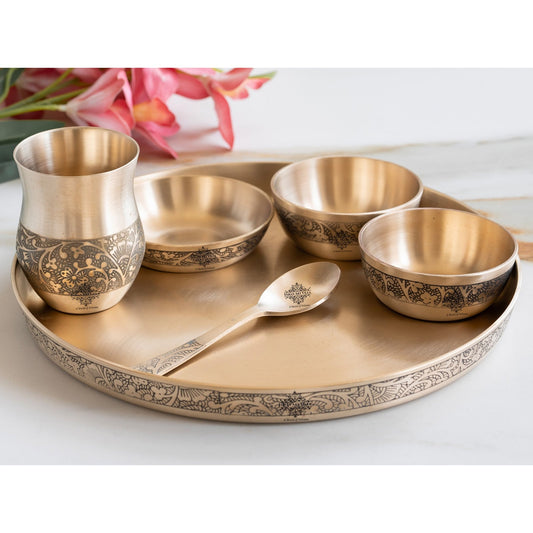 Pure Bronze Thali Set | 6 Pieces Dinner Set With Embossed Design