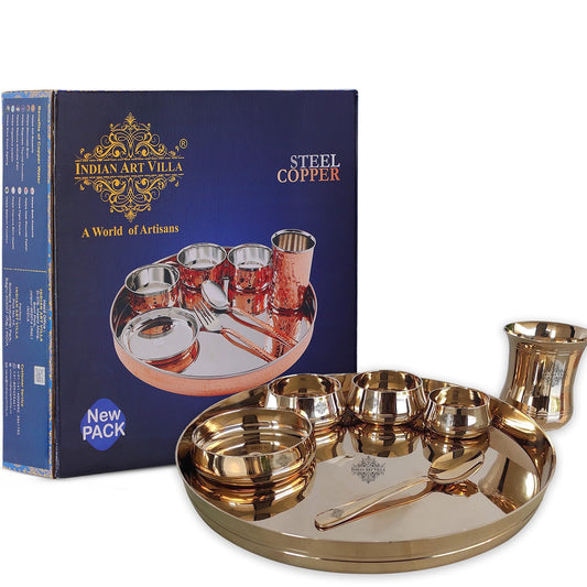 Handcrafted Pure Bronze Curve Shaped 7 Pieces Dinner Set | Thali Set with Mirror Shine Finish