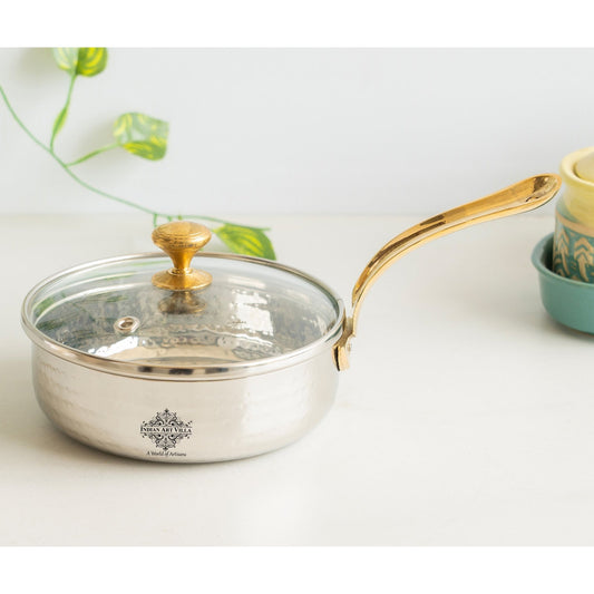 Stainless Steel Hammered Serving Fry Pan with Brass Handle and Glass Lid