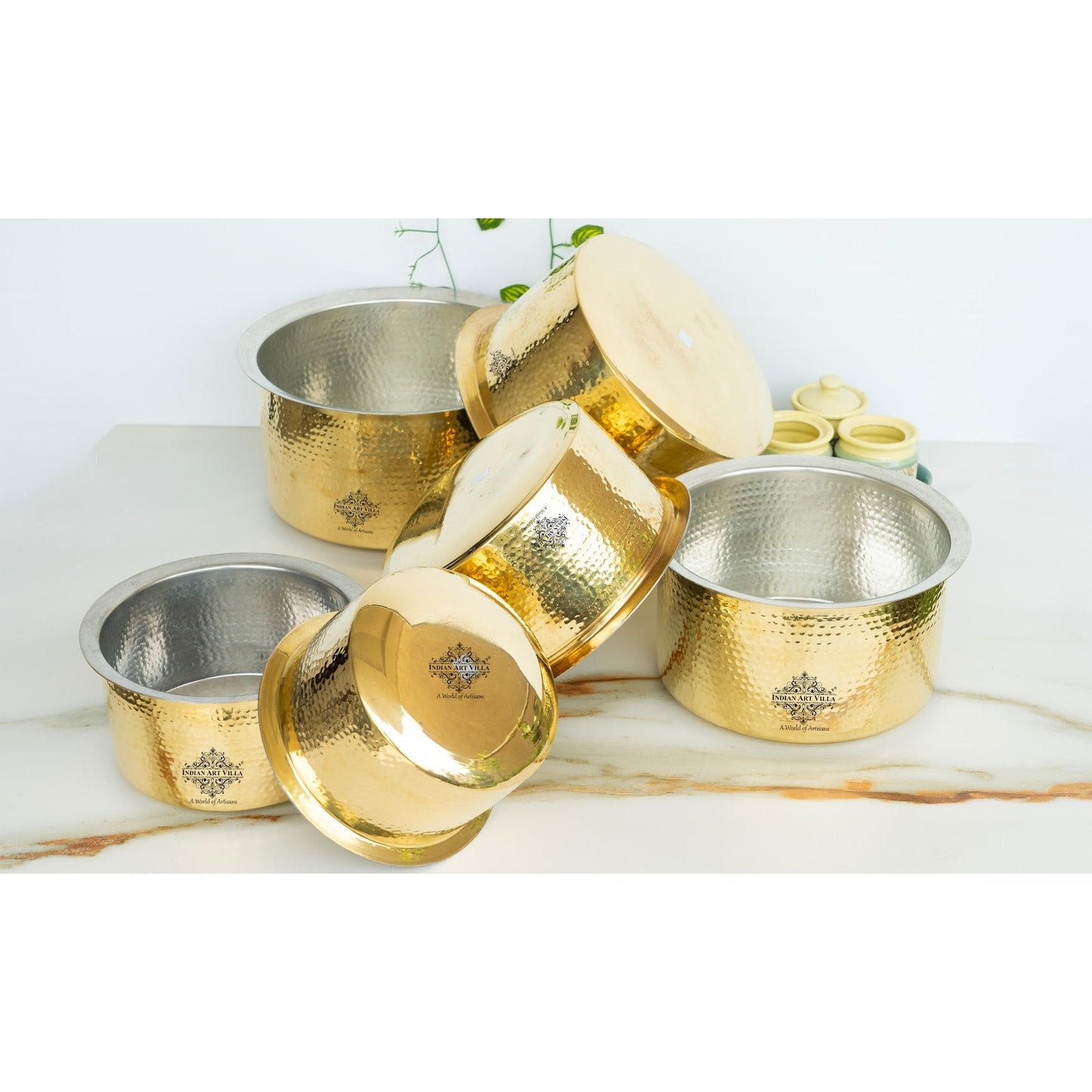 Pure Brass Cooking Pot with Lid Tin Lining & Hammered Design