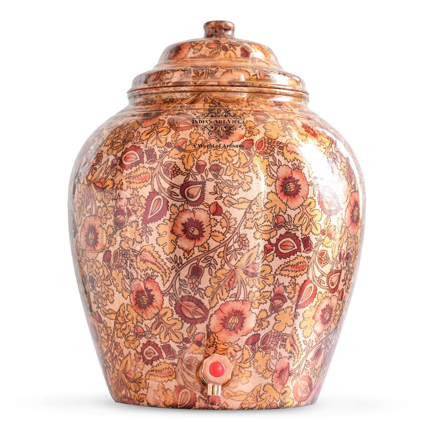 IndianAtVilla Printed Flower Design Copper Water Dispenser Pot Matka, Storage, Home Kitchen Garden