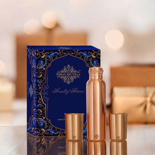 Pure Copper Matt Finish Lacquer Coated Water Bottle & 2 Glass