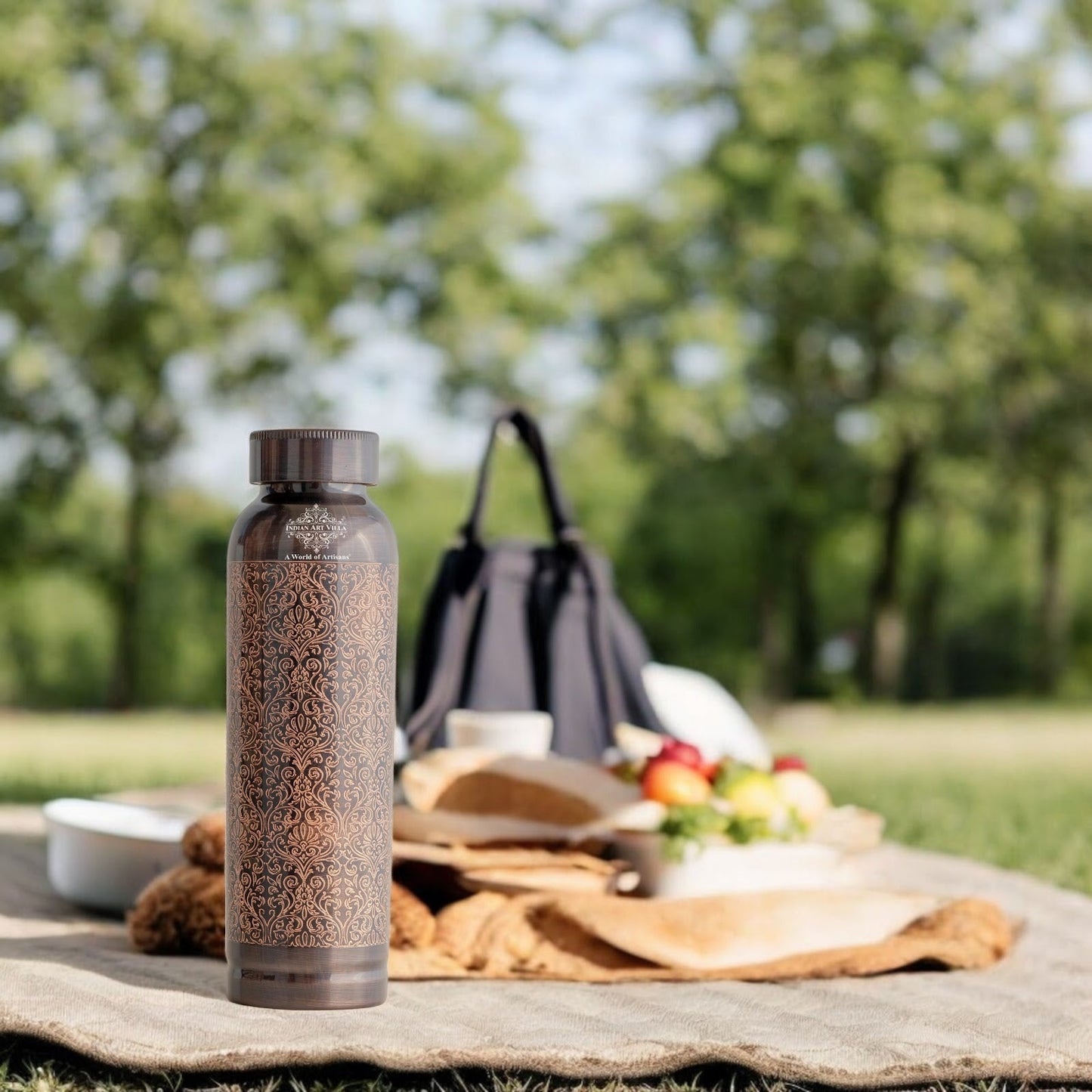 Pure Copper Drinkware Bottle with Antique Dark Embossed Design – 900 ML