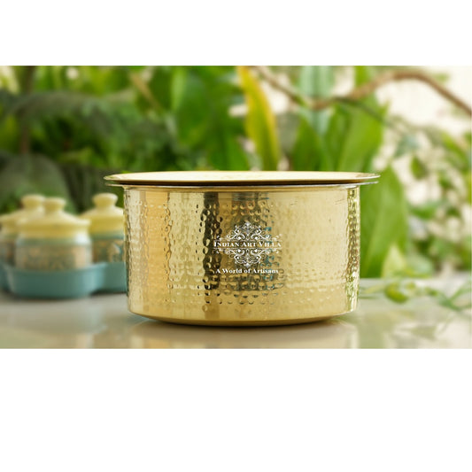 Pure Brass Cooking Pot with Lid Tin Lining & Hammered Design