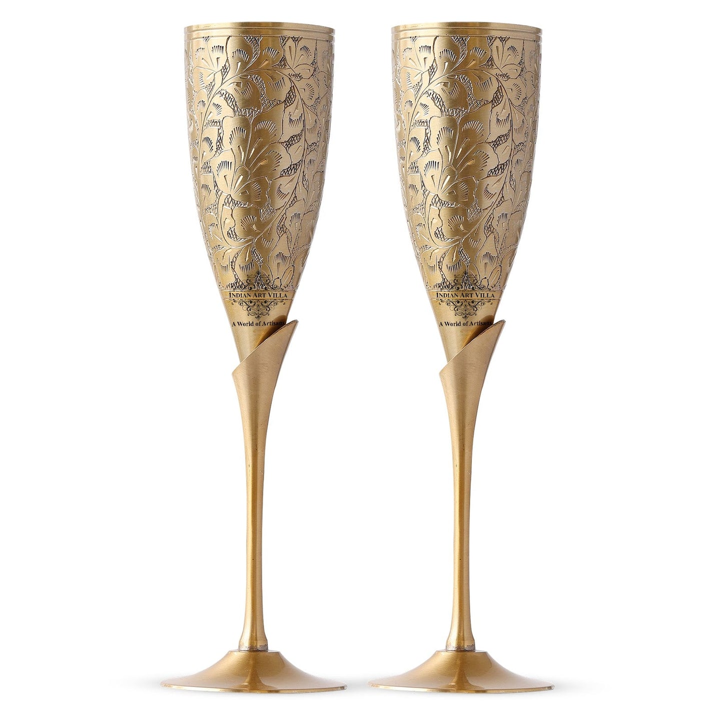 Handcrafted Pure Brass Embossed Design Flute Champagne Glass, Barware, Drinkware, Volume- 170 ML