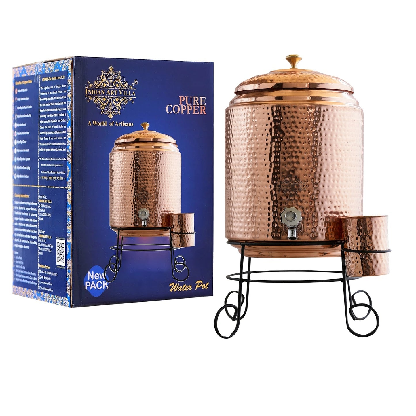 Pure Copper Hammered Design Water Pot Heavy Gauge with Brass Tap & Copper Glass & Stand, Volume- 10 liters