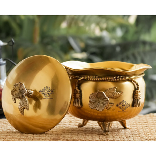 Brass Decorative Handi with Lid Neck Ribbon Bow Design 3 Legs