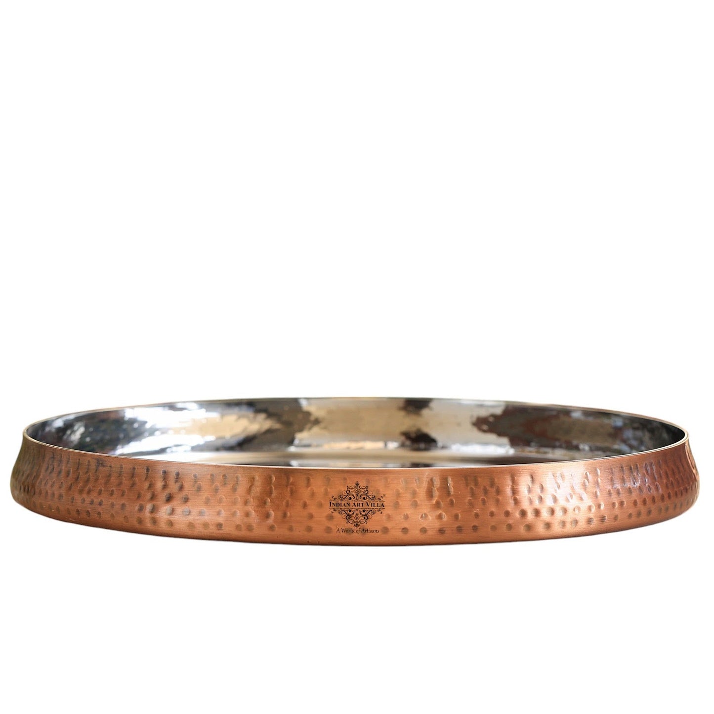 Indian Art Villa, Pure Steel Copper Thali Plate, Antique Finish Hammered Curved Design, Traditional Dinnerware & Tableware