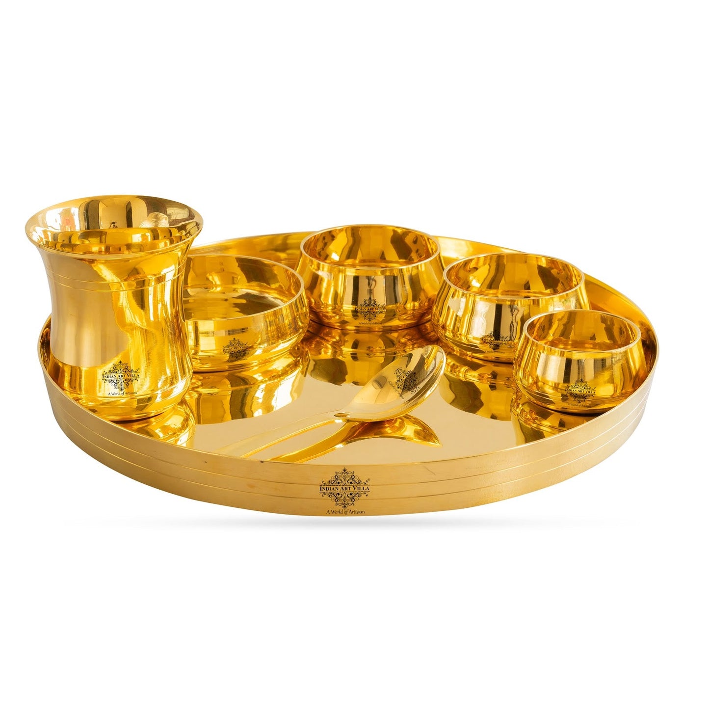 Luxurious Brass 7 Piece Dinner Set With Lead-Free Gold Finish - Elevate Your Dining with Timeless Indian Craftsmanship"