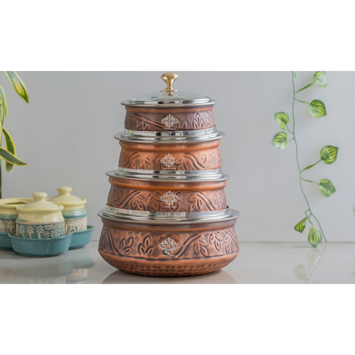 Premium Steel Copper Handi with Antique Finish, Intricate Embossed Design, and Glass Lid - Perfect for Serveware And Tableware.