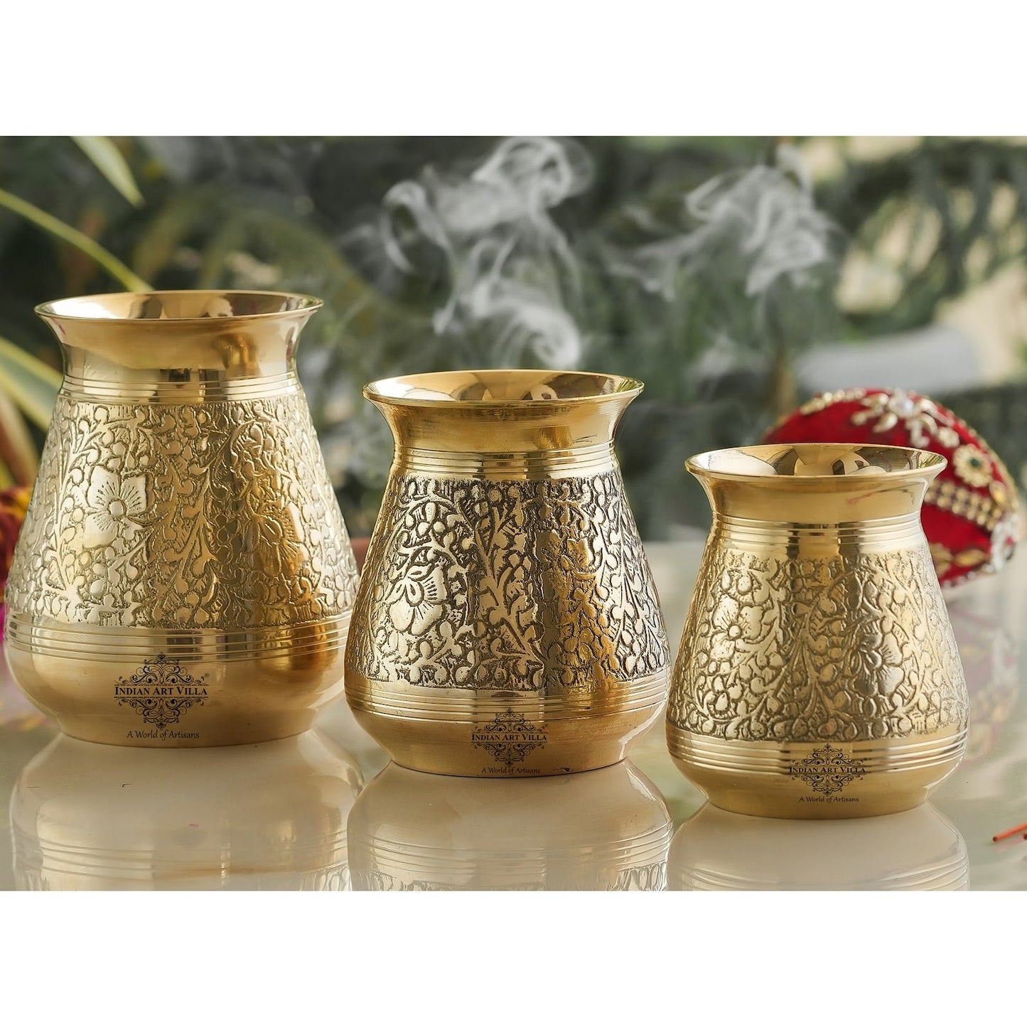 Pure Brass Glass Parsi Lota Embossed Design, Spiritual Item