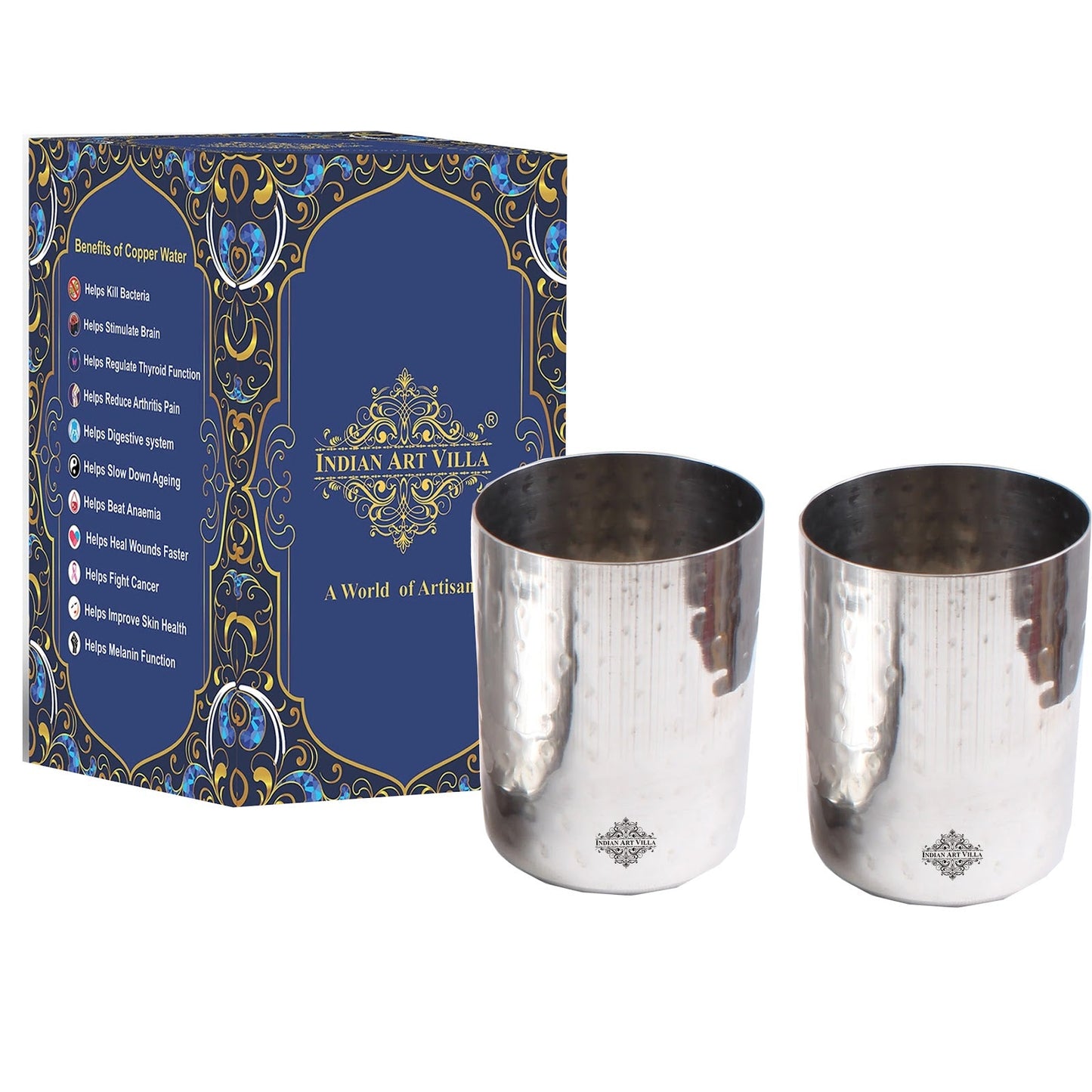 Steel Flat Hammered Glass Tumbler Cup | Serving Drinking Water | Volume 375 ML