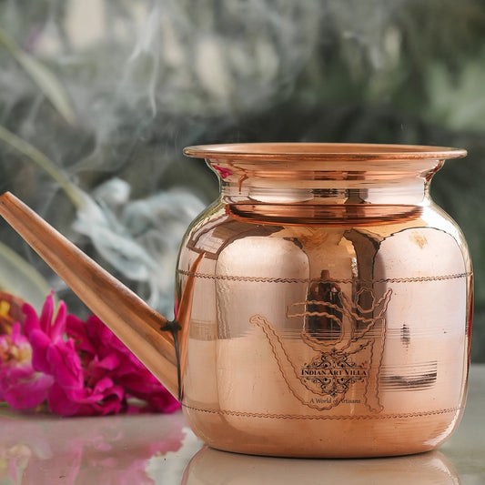 Handmade Pure Copper Karva|Netipot| with Spout, Om Design, Spiritual Items