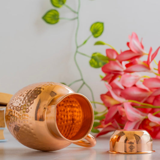 Pure Copper Hammered Surai Jug with Bowl Style Lid