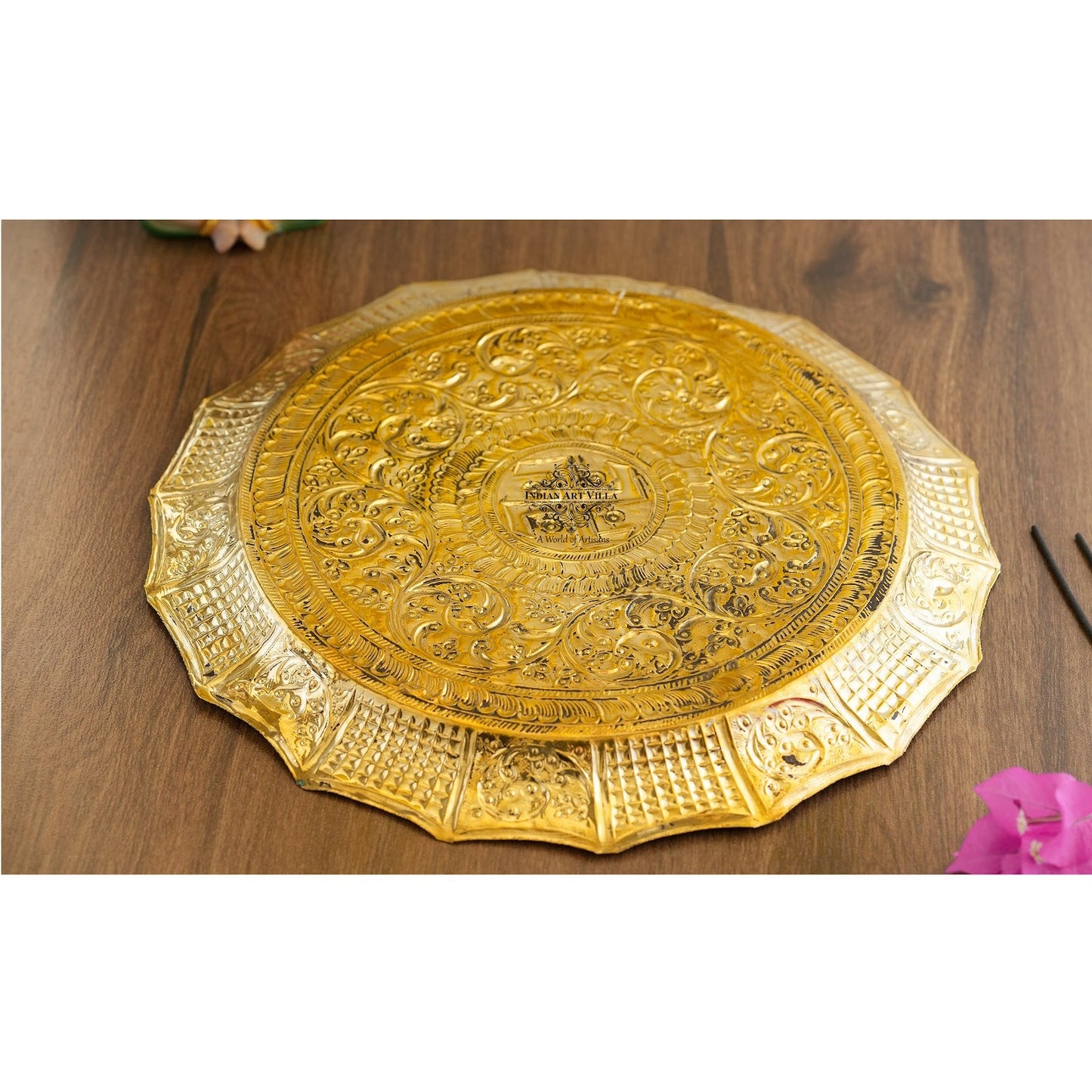 Pure Brass Pooja Thali, Swastik Design, For Spritiual & Pooja, 33.02 cm