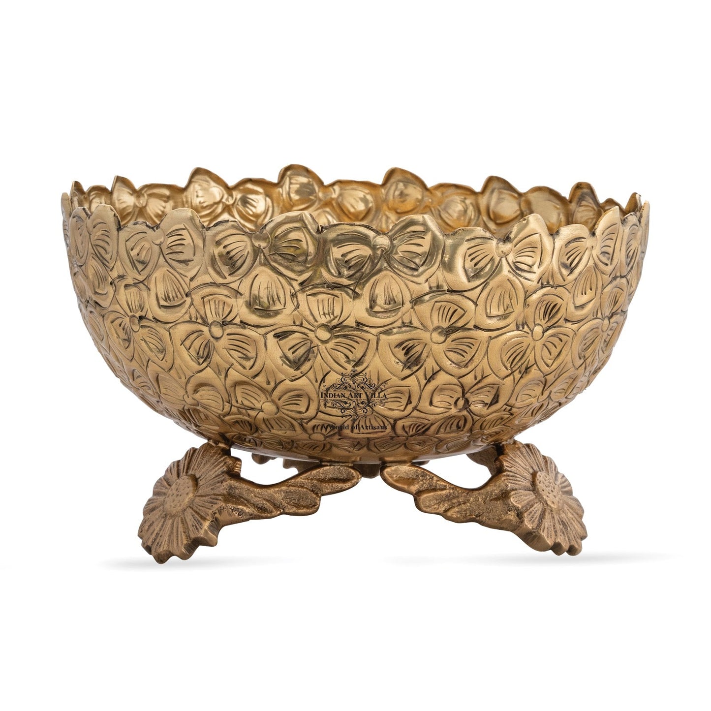 Brass Decorative Floral Embossed Fruit Bowl – 7.9 Inch, 1550 ML Golden Finish Brass Bowl with Pedestal, Handmade Serving & Display Bowl for Dry Fruits, Snacks, Fruits, Table Décor, and Gifting