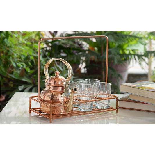 Copper Hammered Tea Pot with Brass Handle with 4 or 6 Glass Tea Cup