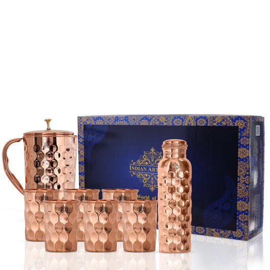 Pure Copper Drinkware Gift Set, Diamond Design, Set of 6 Glass, 1 Bottle and 1 Jug