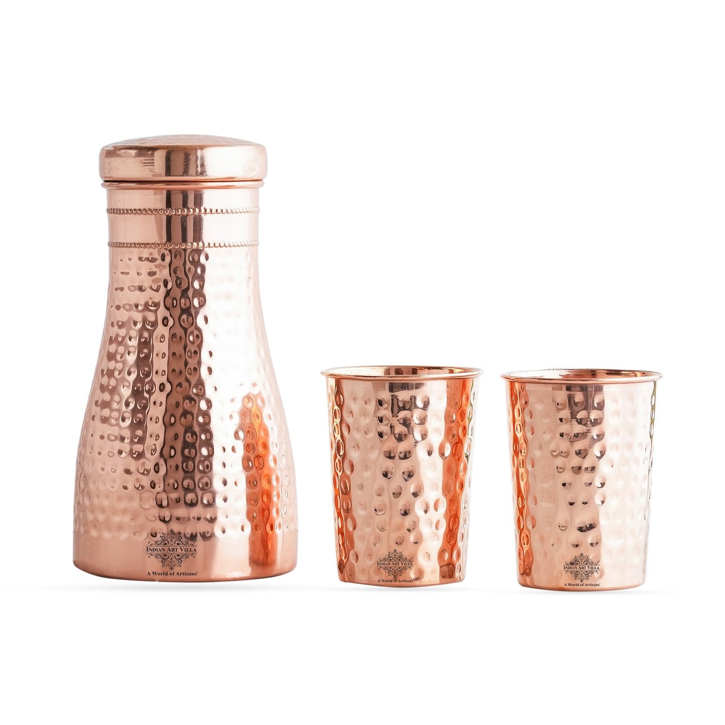 Pure Copper Drinkware Gift Set – Hammered Design, Water Bottle (900 ML) & 2 Glasses (275 ML) Set