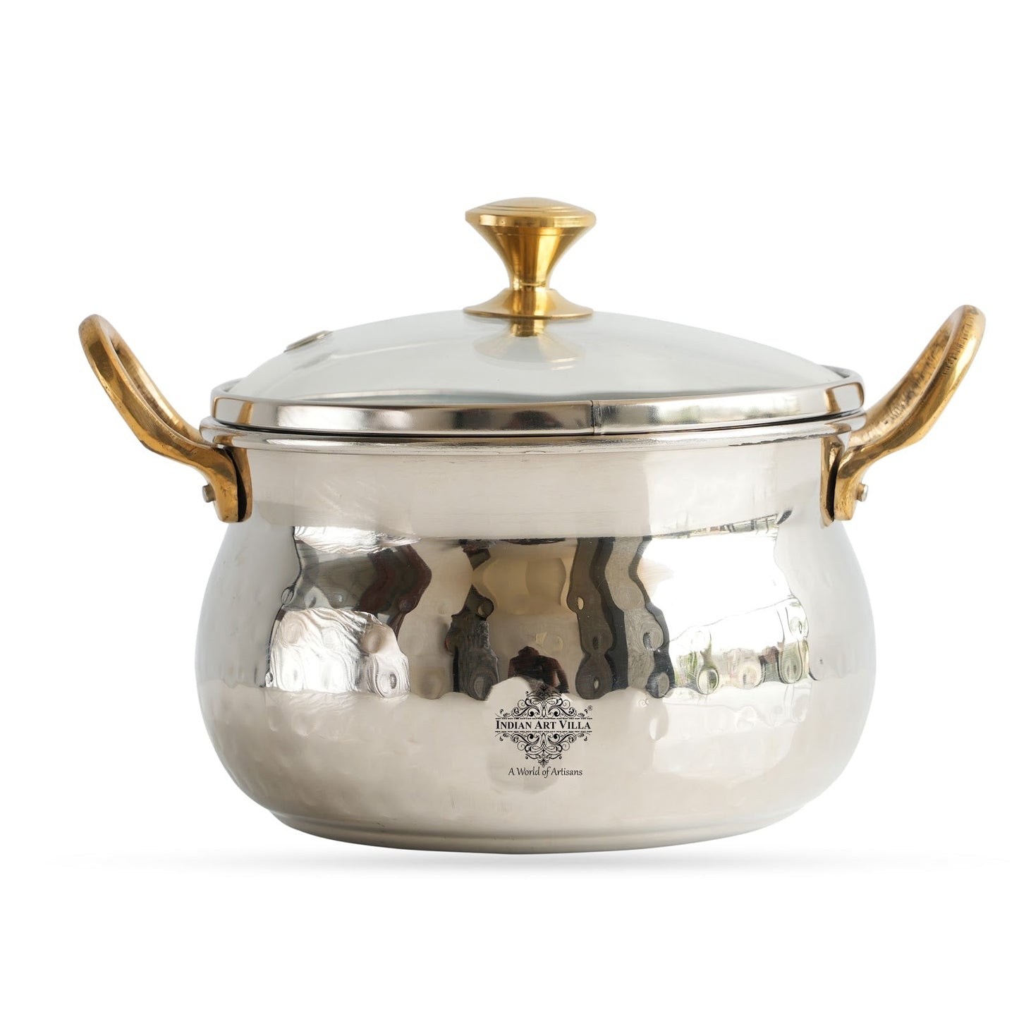 Steel Handi Hammered Design Bowl with Glass Lid Brass Knob & Handles – 950 ML, Tableware & Serveware