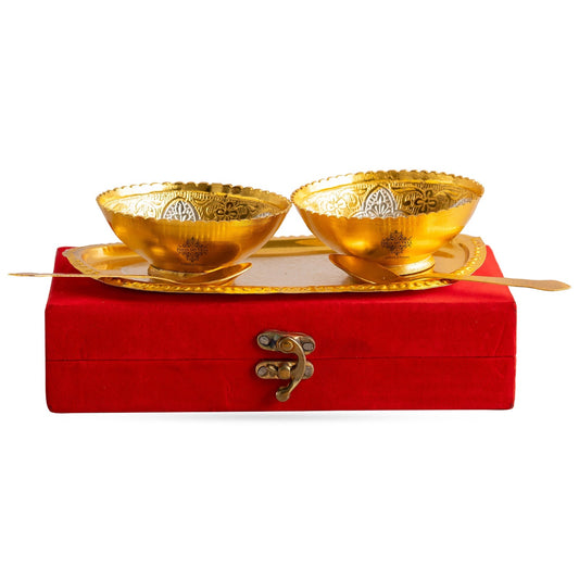 Silver Plated Gold Polished Embossed Floral Design 2 Bowl Set With 2 Spoons & 1 Tray