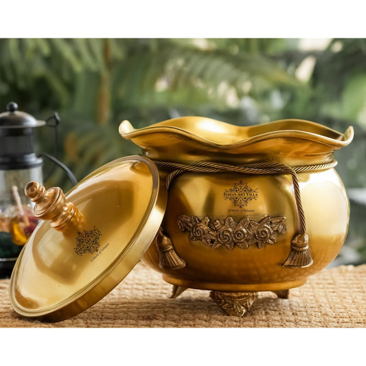 Pure Brass Floral Design Decorative Handi with Lid