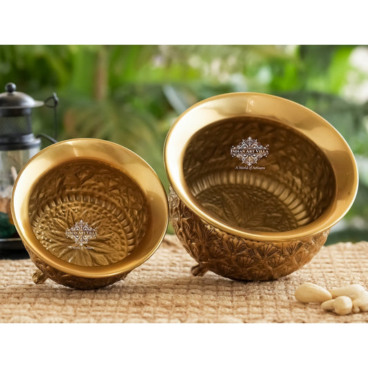 Pure Brass Handcrafted Dry Fruits Bowl with 3 Legs And Embossed Flower Design
