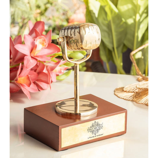 Brass Decorative Mic with Wooden Base – Vintage Style Showpiece & Decorative Item for Home, Office, or Studio