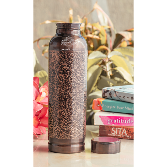 Pure Copper Drinkware Bottle with Antique Dark Embossed Design – 900 ML