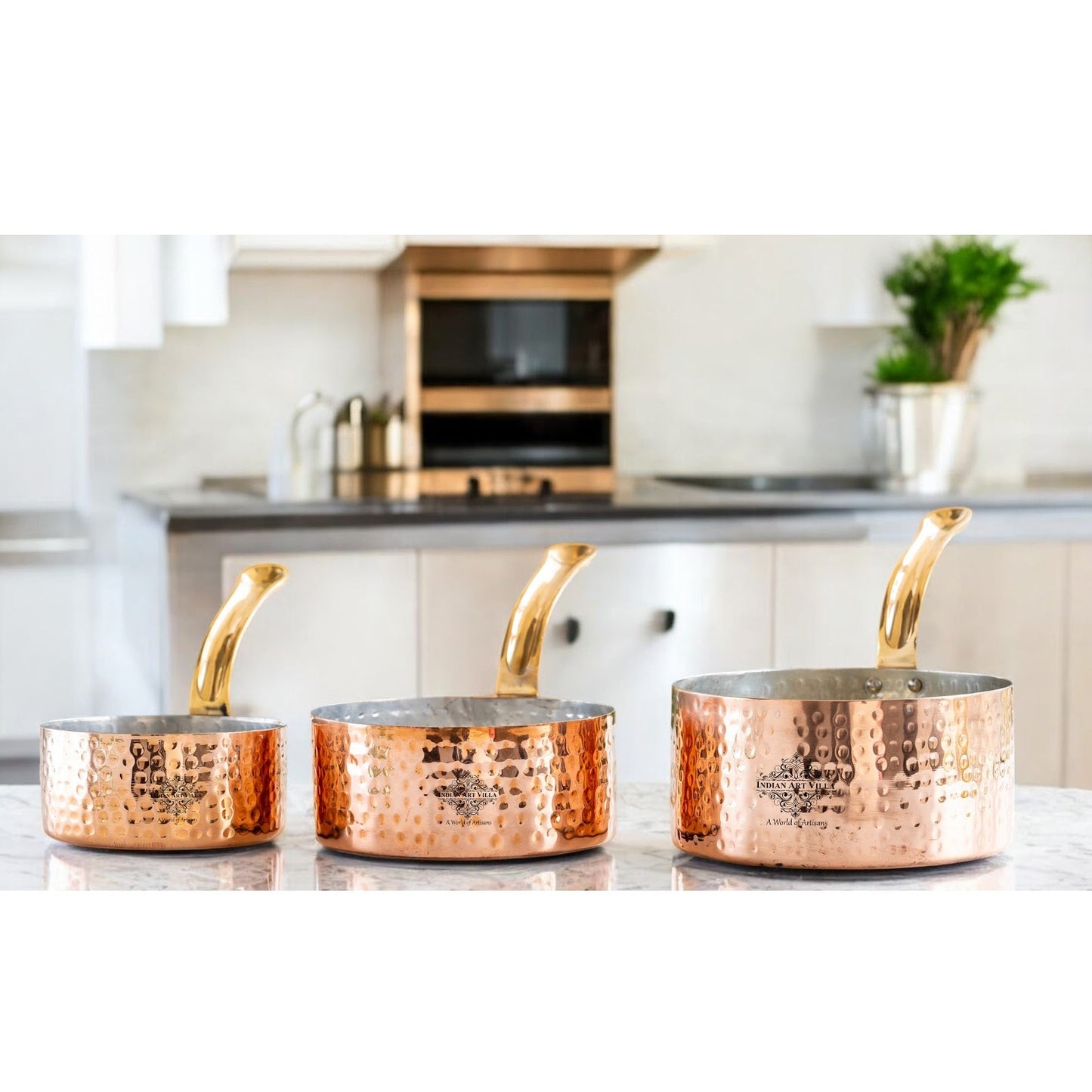 Pure Copper Hammered Tin Lining Round Sauce Pan Brass Stand