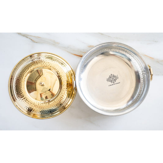 Brass Degchi With Hammered Design, Handle & Inside Tin Lining