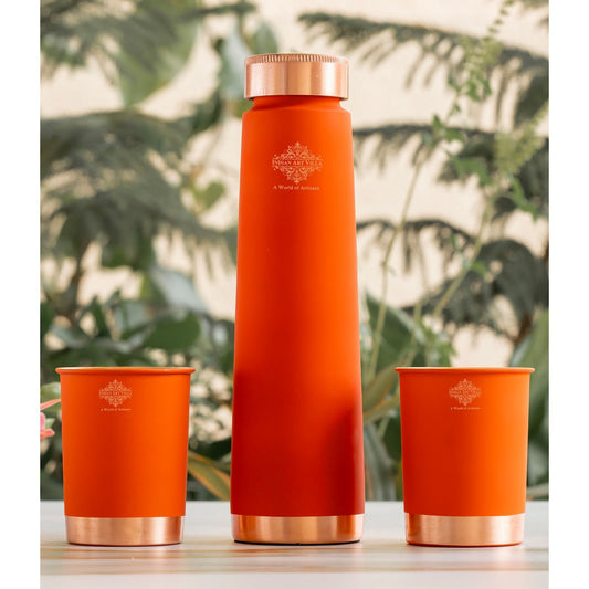 Pure Copper Bottle And Glass Set With Silk Finish Pyramid Design