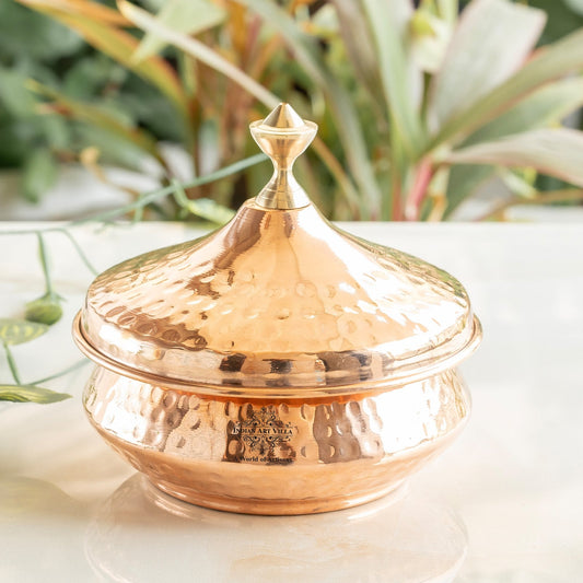 Steel Copper Mughlai Handi with Copper Lid and Brass Knob, 330 ML & 1350 ML – Hammered Design Serveware, Perfect for Home & Restaurant Use