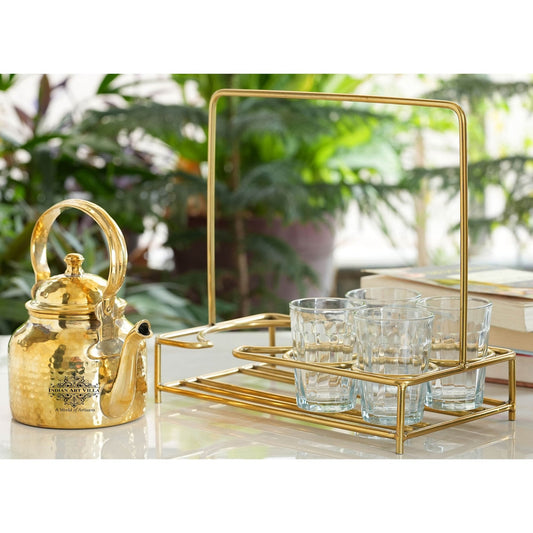 Handcrafted Pure Brass Hammered Tea Pot with Brass Stand with 4 Glass Tea Cup