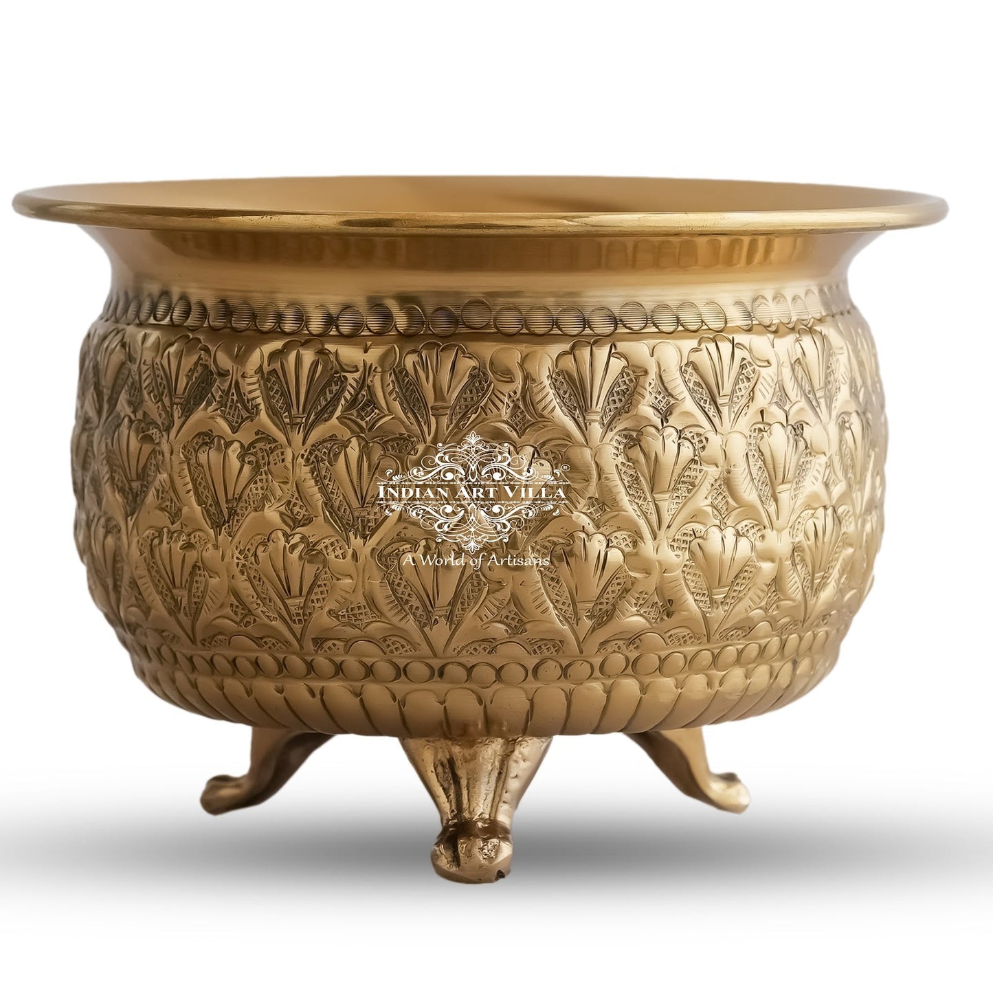 Pure Brass Handcrafted Dry Fruits Bowl with 3 Legs And Embossed Flower Design