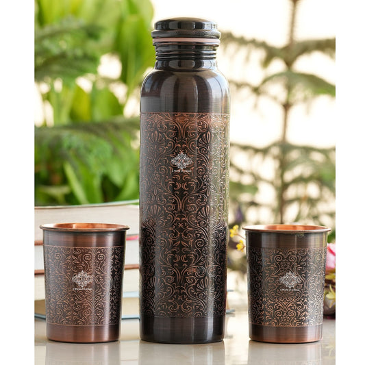 Pure Copper Drinkware Gift Set - Antique Dark Finish, Embossed Design, Water Bottle