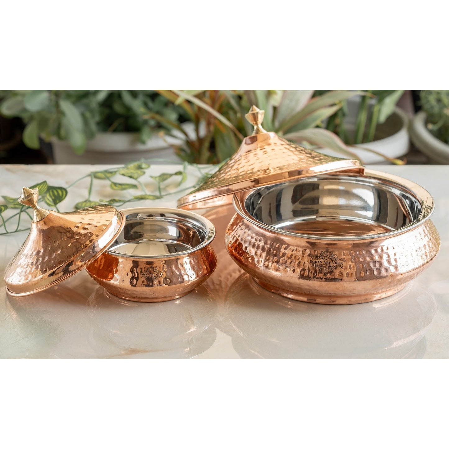 Steel Copper Mughlai Handi with Copper Lid and Brass Knob, 330 ML & 1350 ML – Hammered Design Serveware, Perfect for Home & Restaurant Use