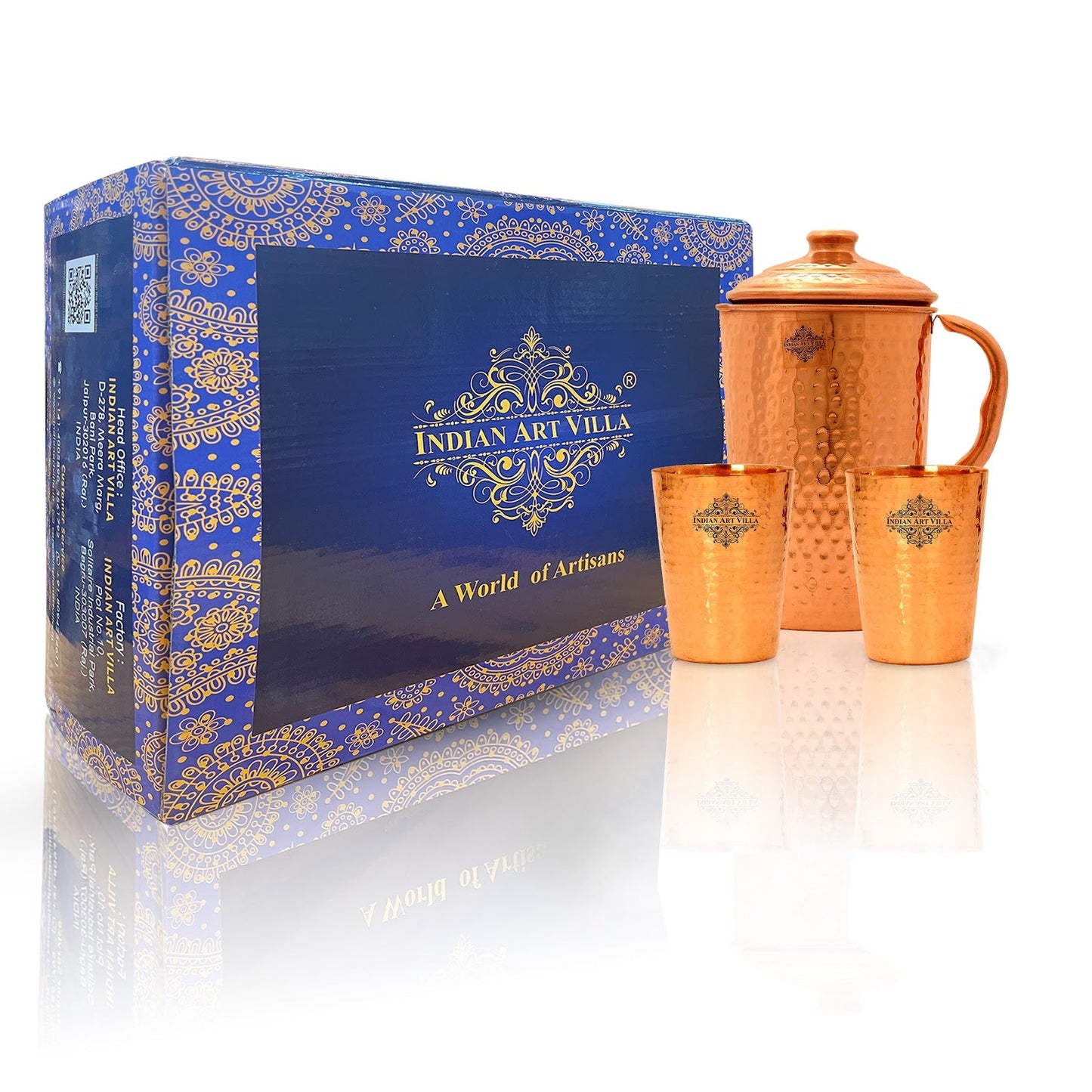 Handcrafted Pure Copper Hammered Design Drinkware Gift Set with 1 Jug (1700ml), 2 Glasses (400ml)